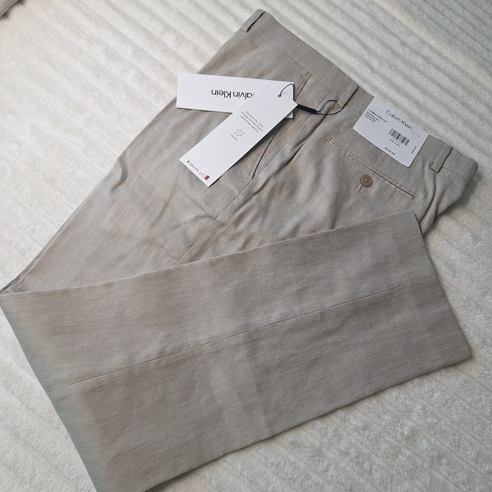 Calvin Klein Slim Fit Stretch Dress Pants Mens 34X30 Oatmeal Linen Blend